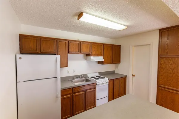 a kitchen with stainless steel appliances granite countertop a refrigerator a stove a sink and a refrigerator