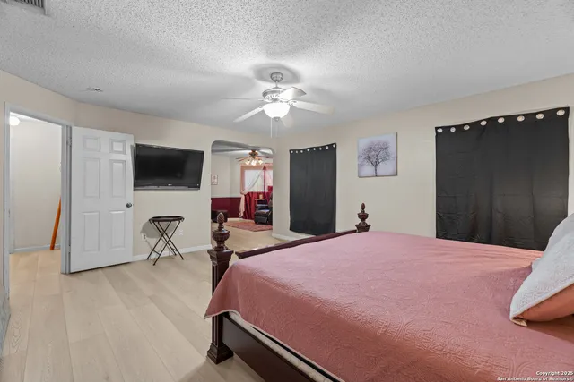 a bed room with a bed and a flat tv screen on a dresser