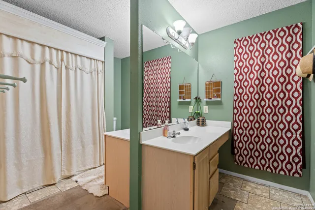 a bathroom with a sink a mirror and a shower curtain