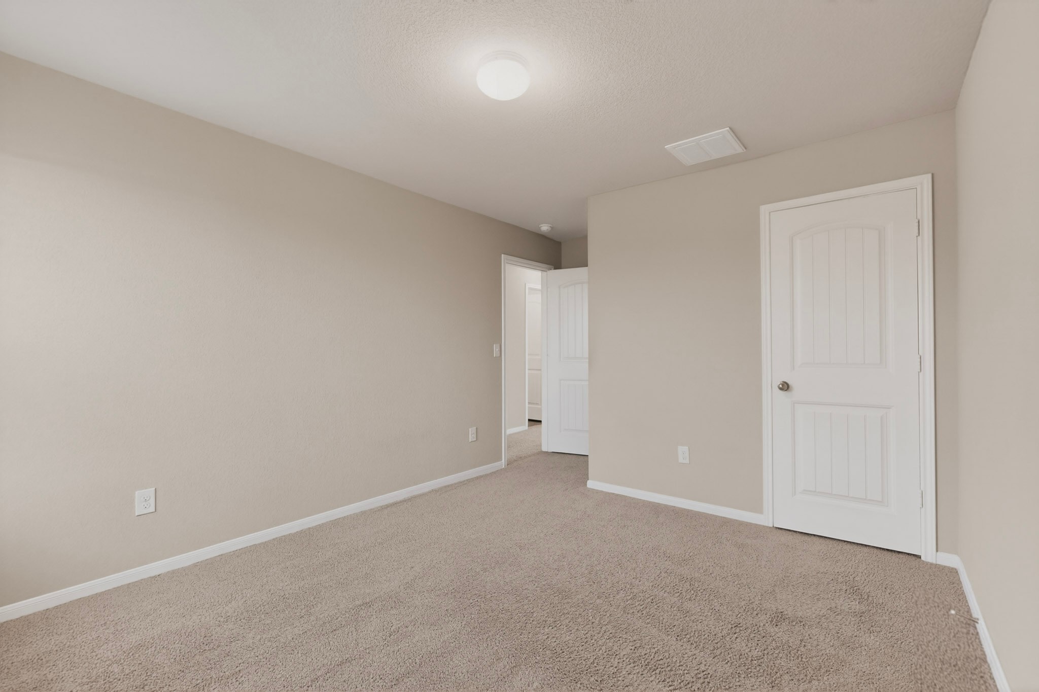 5905 Diamondleaf Bend Austin, TX 78724 - Photo 28 of 38 Neutral tone wall paint, plush carpet flooring, white baseboards, and a white interior door with vertical paneling