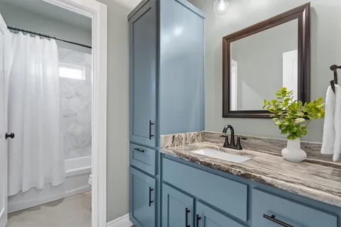 a bathroom with a sink a potted plant and a mirror