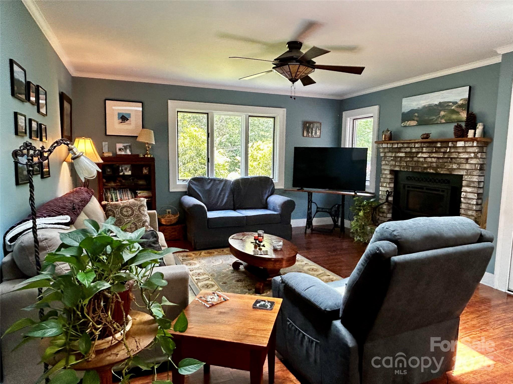 283 Bull Creek Road Asheville, NC 28805 - Photo 2 of 35 a living room with furniture a fireplace and a flat screen tv
