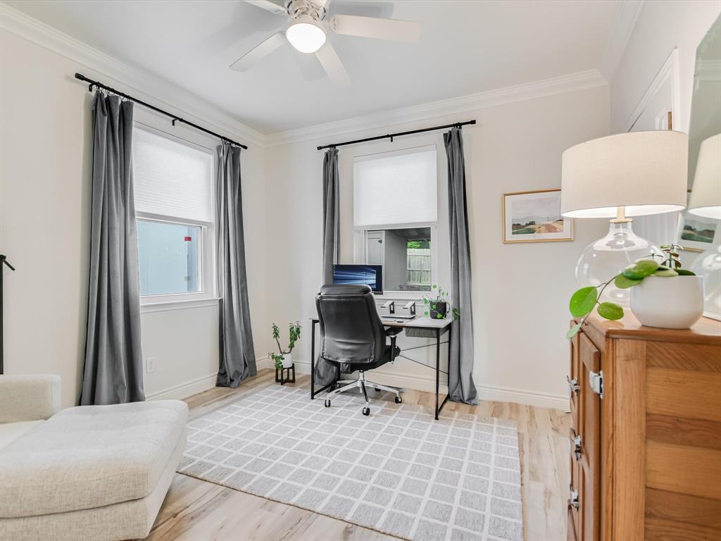 5405 Manor Road Austin, TX 78723 - Photo 23 of 30 Office featuring ornamental molding, light wood finished floors, and a ceiling fan