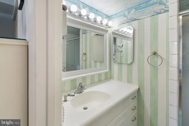 a bathroom with a sink a mirror a vanity and shower