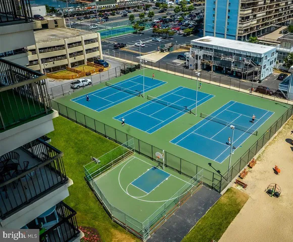 an aerial view of a tennis ground with large trees