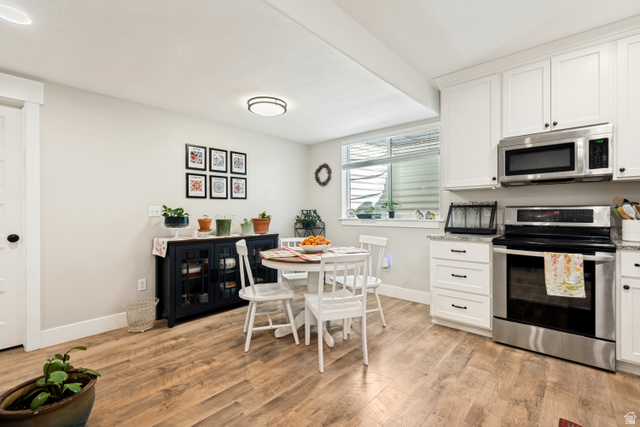 332 South 500 West Payson, UT 84651 - Photo 42 of 50 Full kitchen in accessory apartment featuring wood style lvp flooring, white cabinetry, stainless steel appliances, and a window with natural light