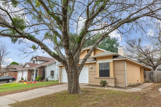 a tree in front of a white house