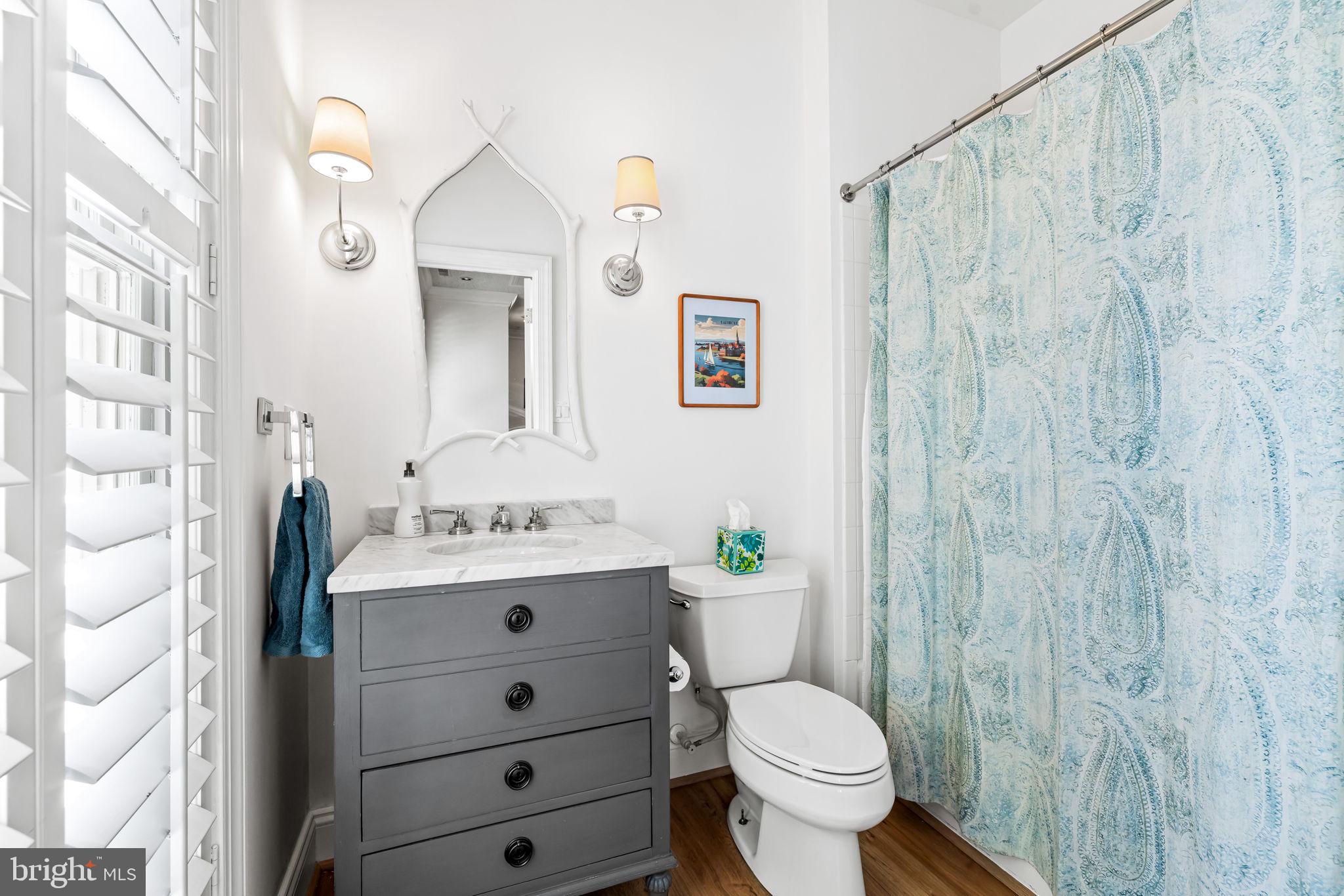 2331 Boston Street, Unit 1 Baltimore, MD 21224 - Photo 16 of 74 a bathroom with a sink a toilet a mirror and shower curtain
