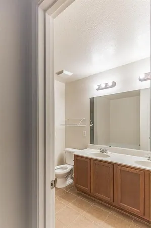 a bathroom with a double vanity sink toilet and a mirror