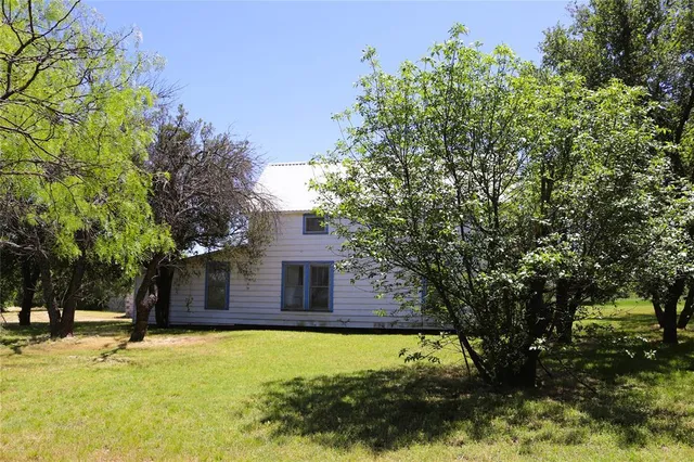 a view of field with large trees