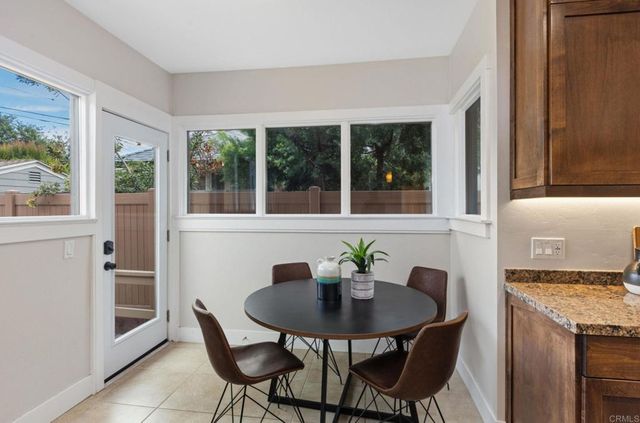 a view of a dining room with furniture and window