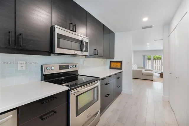 a kitchen with stainless steel appliances a stove a sink and a microwave