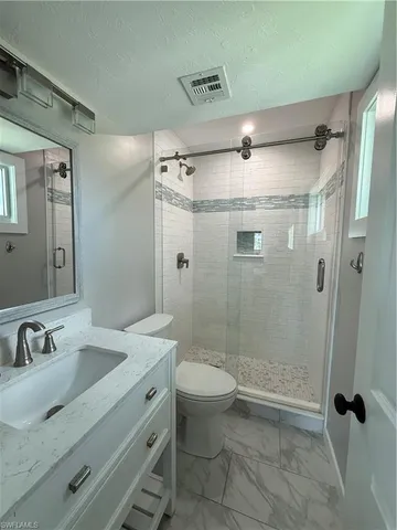 a bathroom with a shower sink vanity mirror and toilet