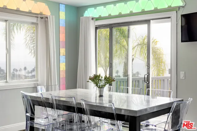 a view of a dining room with furniture window and wooden floor