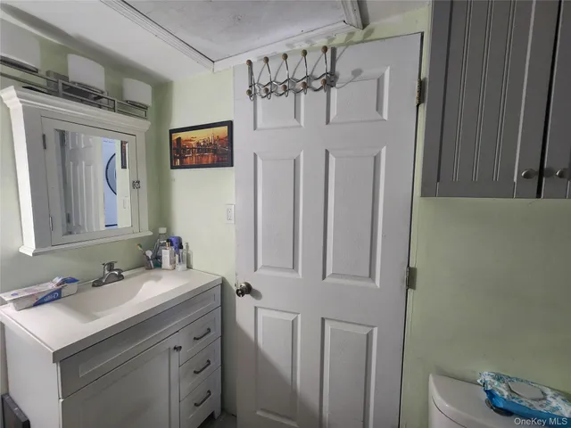 a bathroom with a sink vanity and a mirror