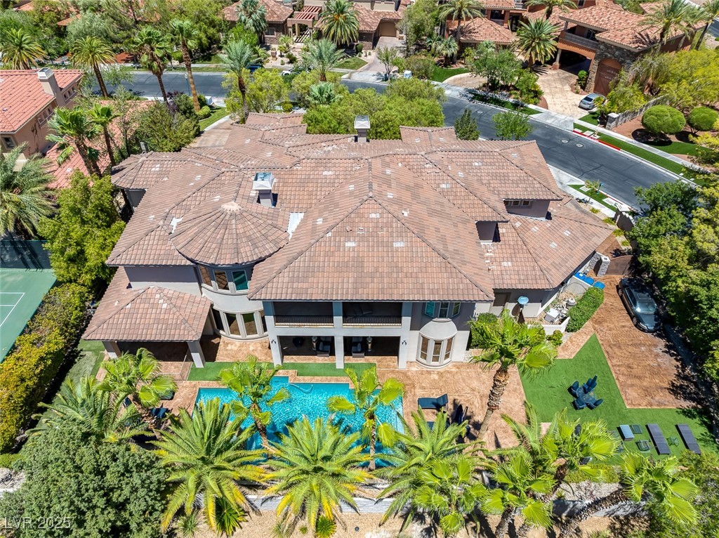 View from above of property with a pool area