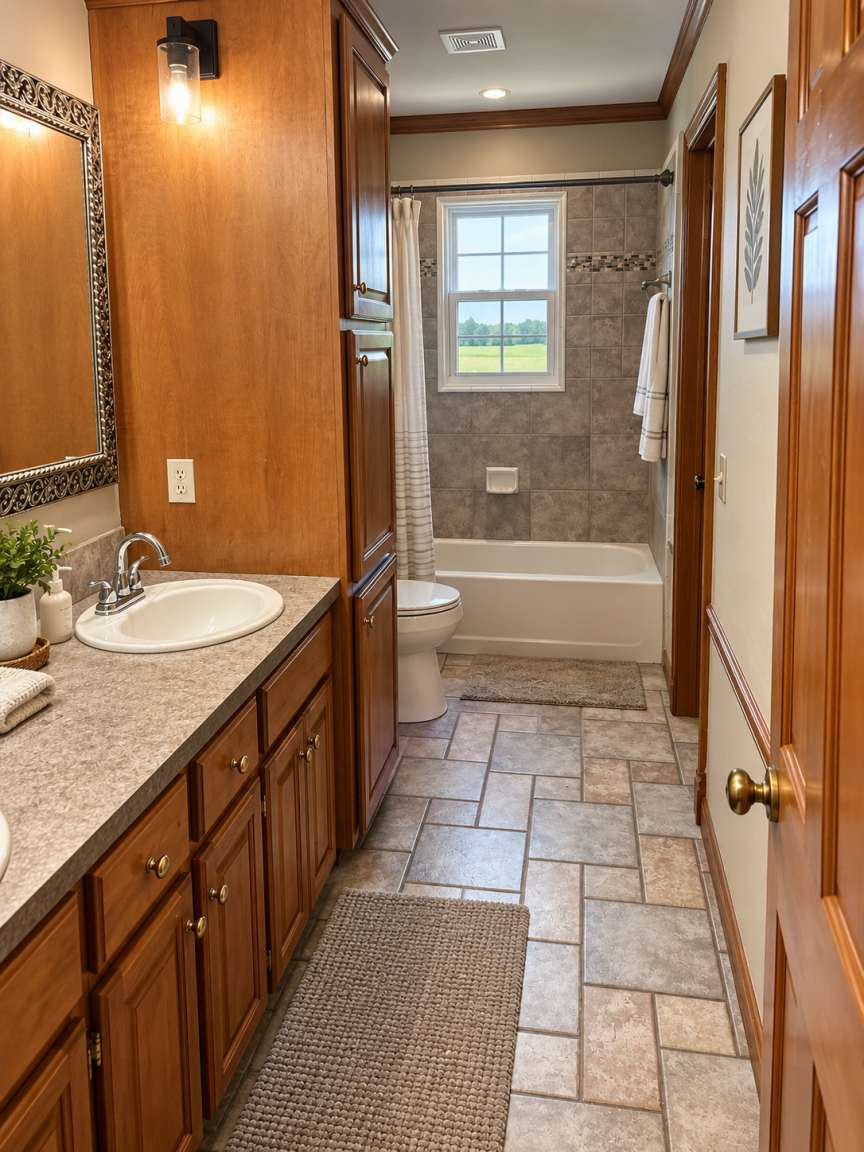 21800 East 450th Road Claremore, OK 74019 - Photo 10 of 23 Built-in cabinetry, ceramic tile flooring, bath-shower combination, vanity with integrated sink, and window with exterior scenery