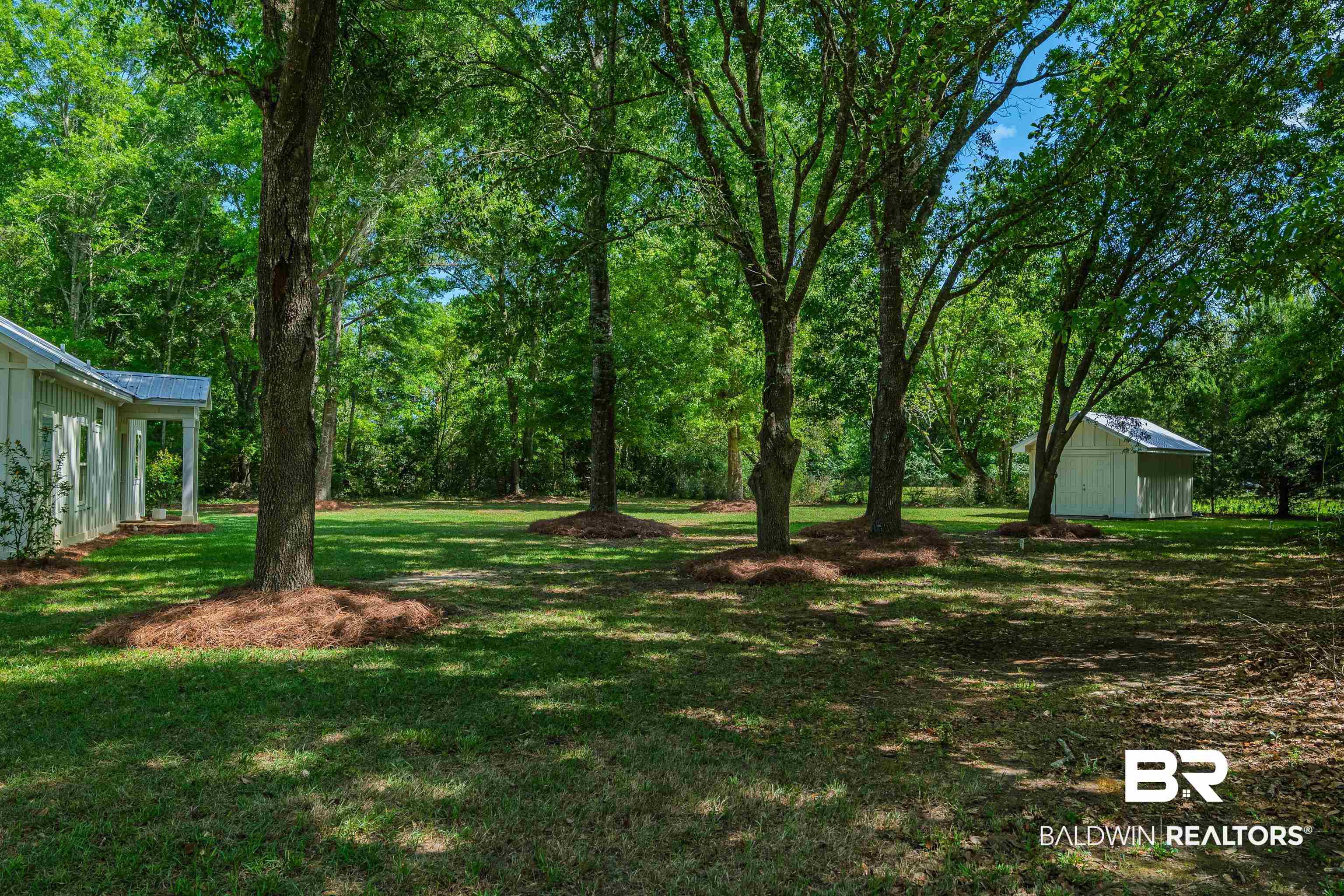 19121 Boothe Road Fairhope, AL 36532 - Photo 32 of 41 View of grassy yard with a shed and view of wooded area