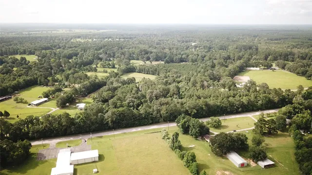 an aerial view of residential houses with outdoor space and trees