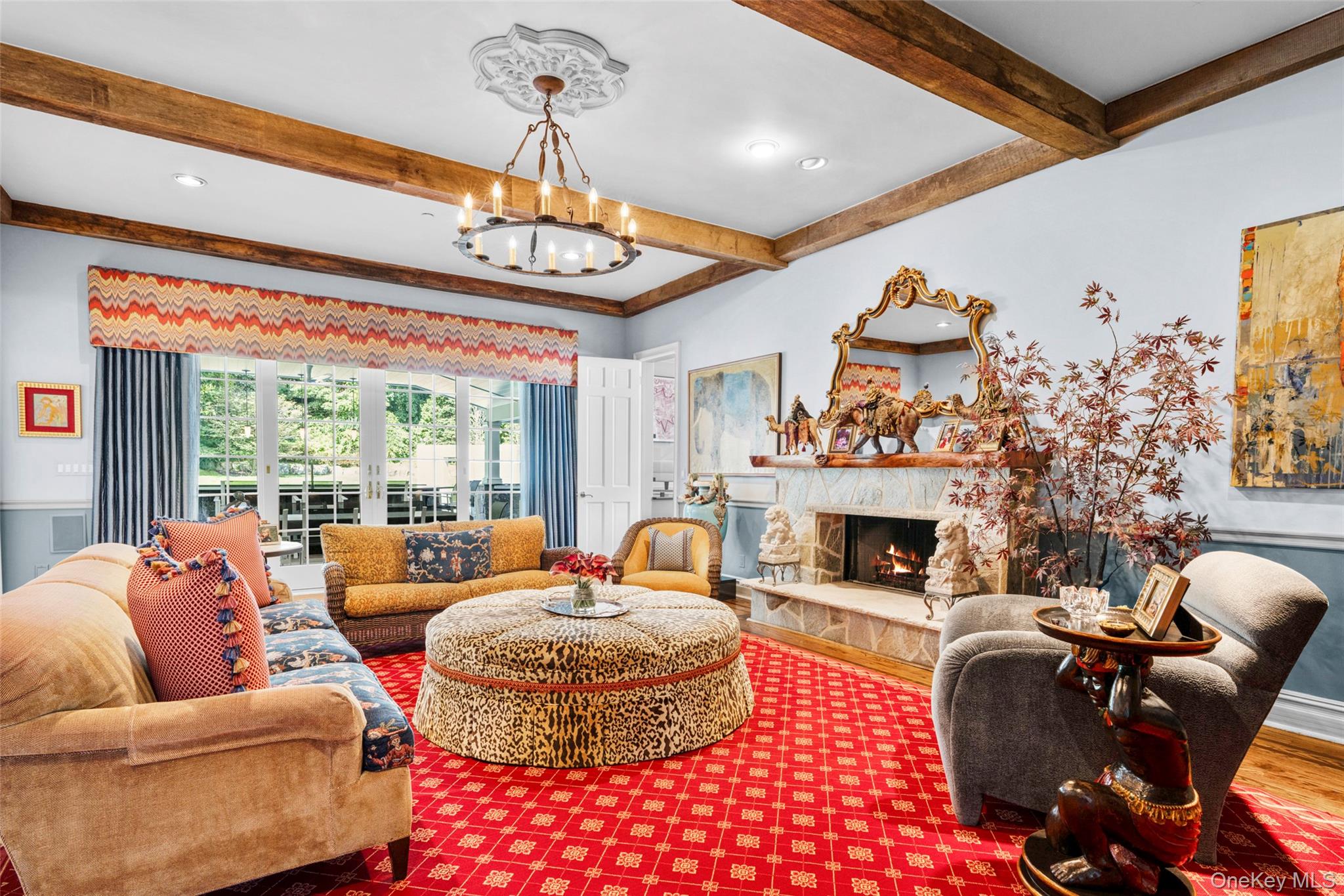 23 Pheasant Drive Rye, NY 10580 - Photo 13 of 30 Family room with custom wood burning fireplace and beamed ceiling