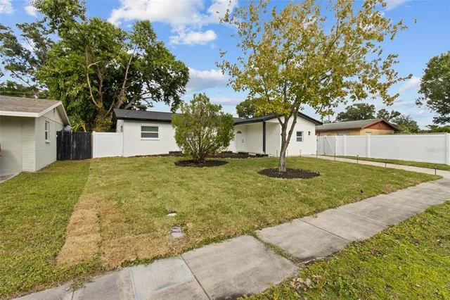 a view of a house with backyard and tree