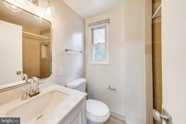 a bathroom with a sink toilet vanity and shower