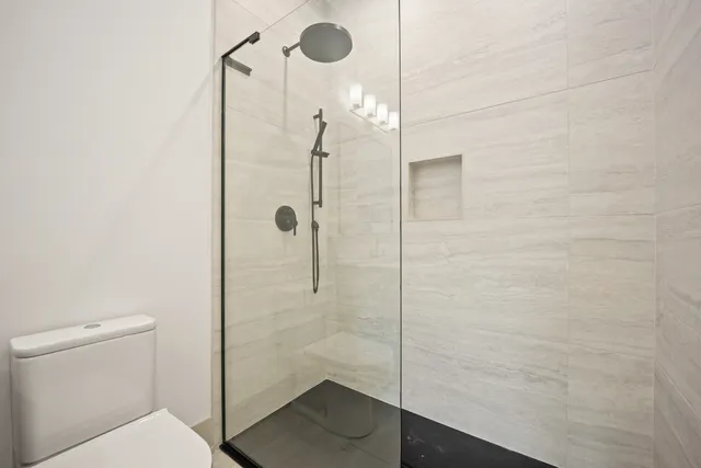 a bathroom with a shower and a toilet