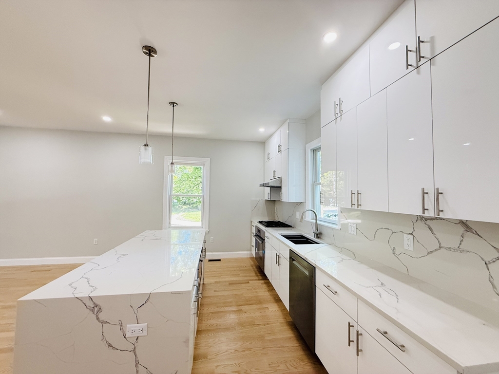 4 Baldwin Street, Unit 4 Newton, MA 02458 - Photo 8 of 30 a large kitchen with stainless steel appliances kitchen island granite countertop a sink a counter top space and cabinets