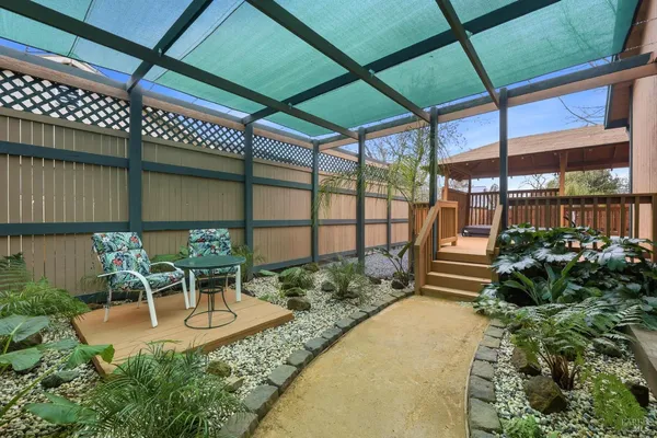 a view of backyard with wooden fence