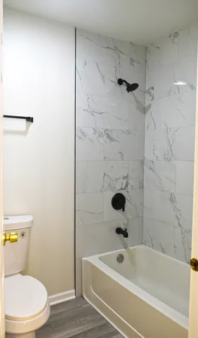 a bathroom with a bathtub and a toilet