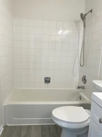 a bathroom with a toilet and a bath tub