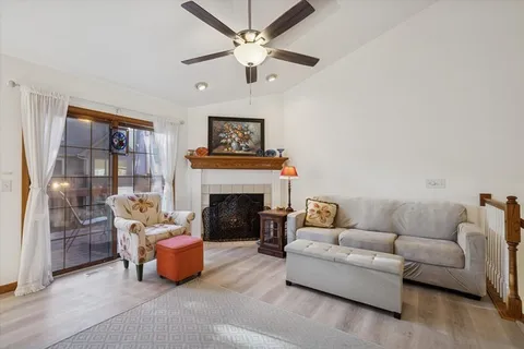a living room with furniture and a fireplace
