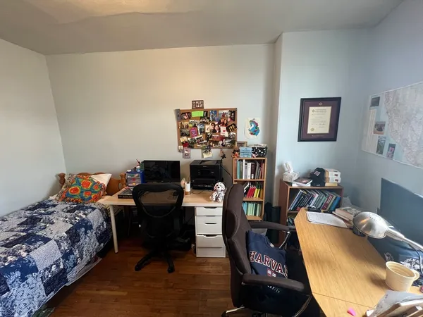 a bedroom with bed and a furniture