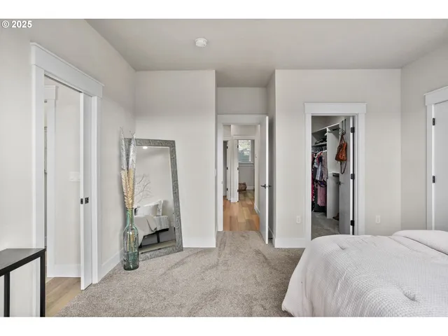 a bedroom with a bed and a walk in closet