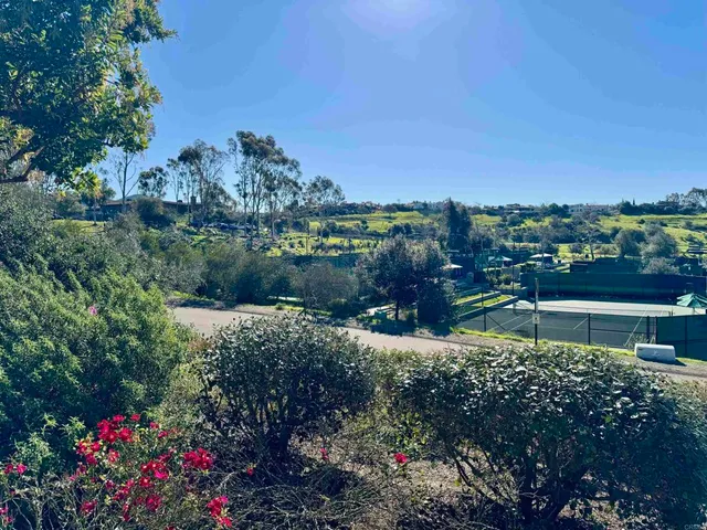 a view of a garden with a building in the background