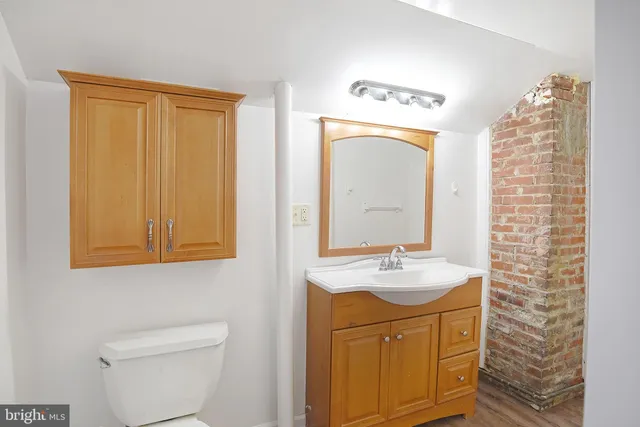 a bathroom with a sink a toilet and mirror