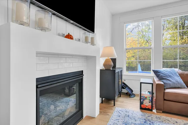 a view of a dining room and chandelier