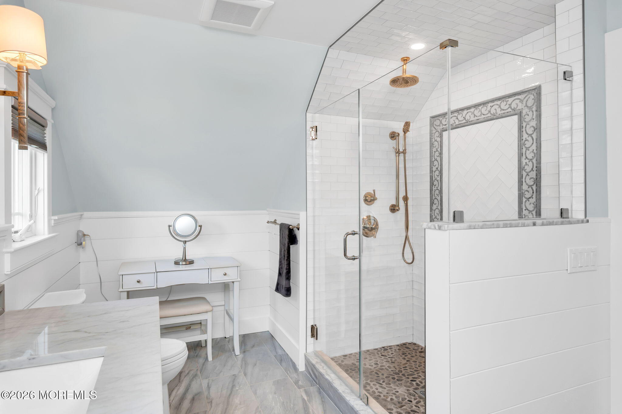 149 Squan Beach Drive Mantoloking, NJ 08738 - Photo 31 of 47 a bathroom with a granite countertop sink a mirror and shower