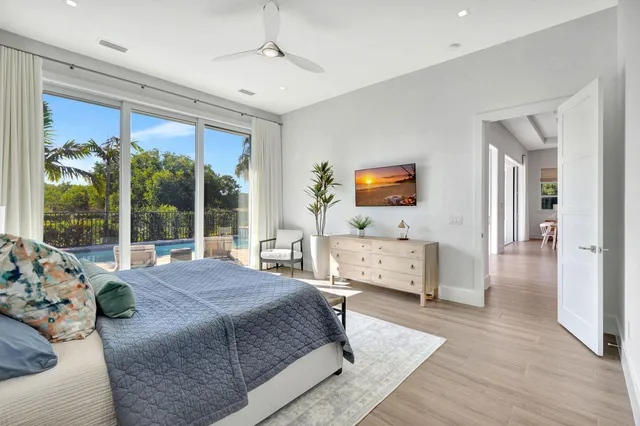 a spacious bedroom with a large bed and a large window