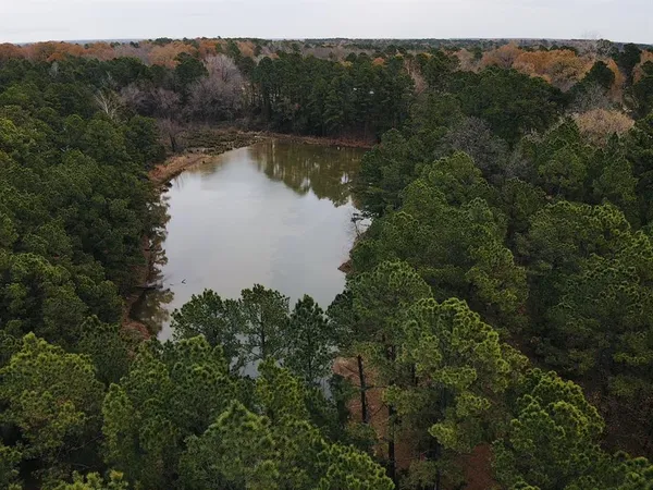 an aerial view of valley and lake