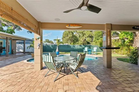 a view of a patio with a table chairs and backyard