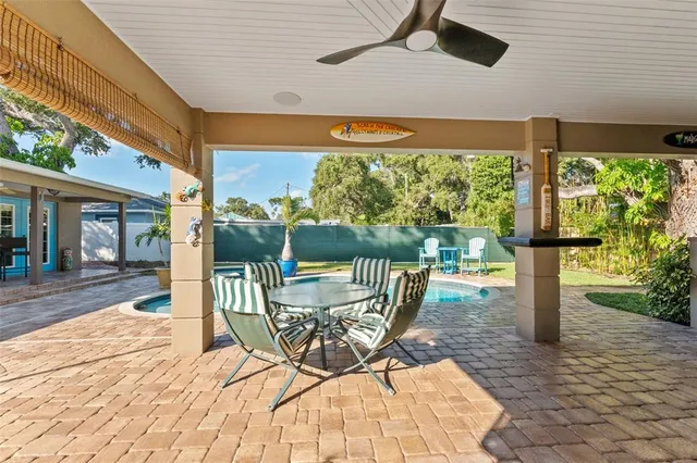 a view of a patio with a table chairs and backyard