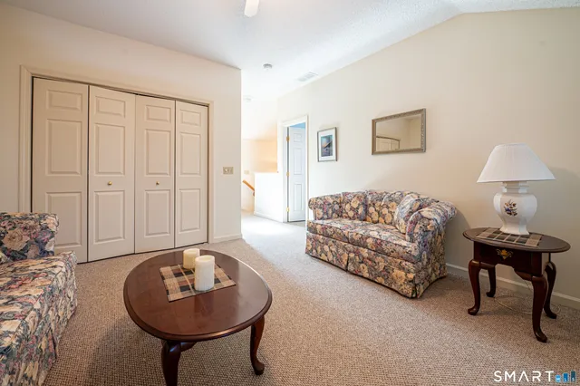 a living room with furniture and a potted plant