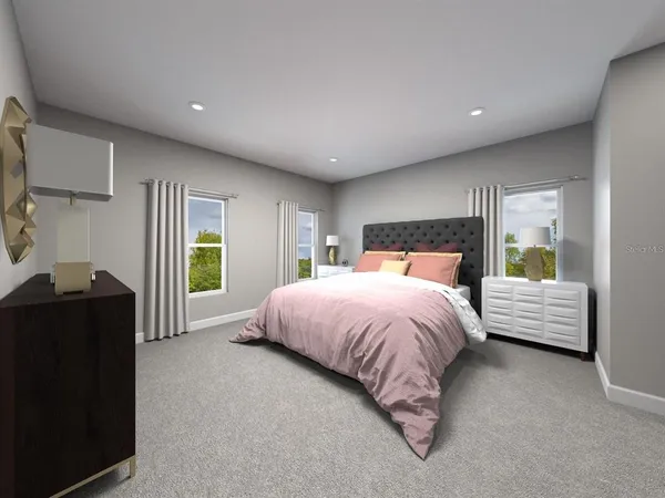 a room with a bed and a night stand