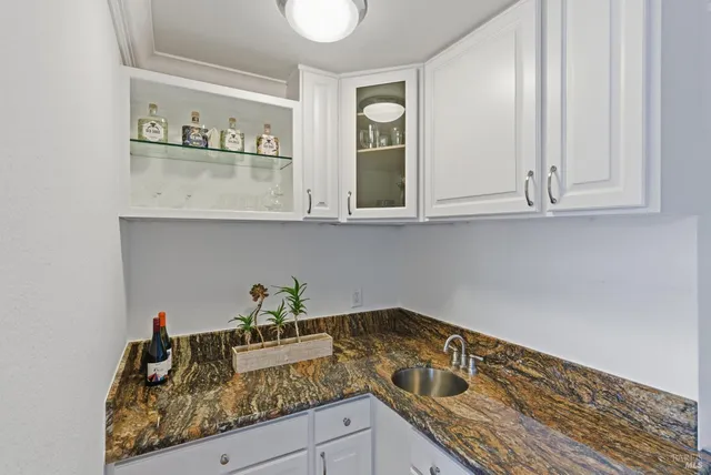 a kitchen with granite countertop white cabinets and a potted plant