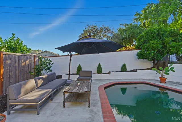 a view of backyard with outdoor seating and plants