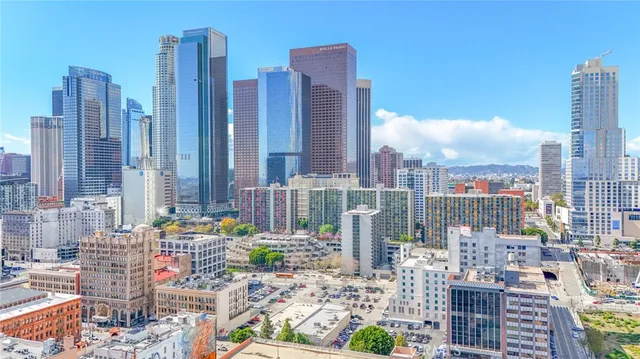a city view with tall buildings