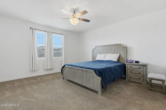 a bedroom with a bed and a ceiling fan