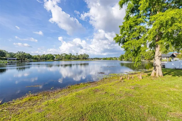 a view of a lake with houses in the back