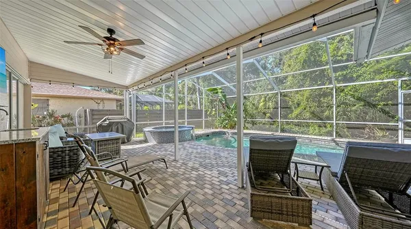 a patio with garden area and patio